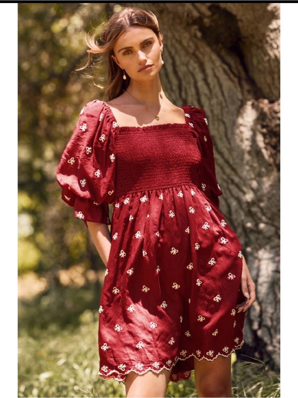 Smocked Dress with Puff Sleeves and Bow Embroidery
